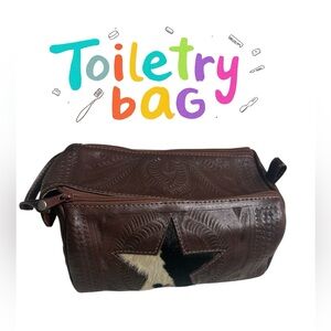 Brown Leather Toiletry Bag with Star Design w cow faux fur